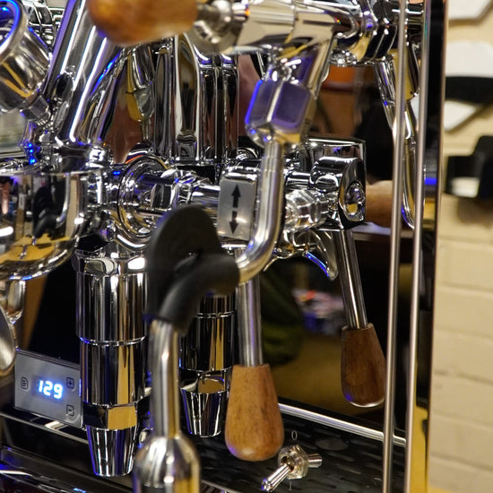Turin Gallatin espresso machine with wood handles, detail view - equipment from Inheritance Coffee, Pensacola, FL serving cafes, churches and home brewers