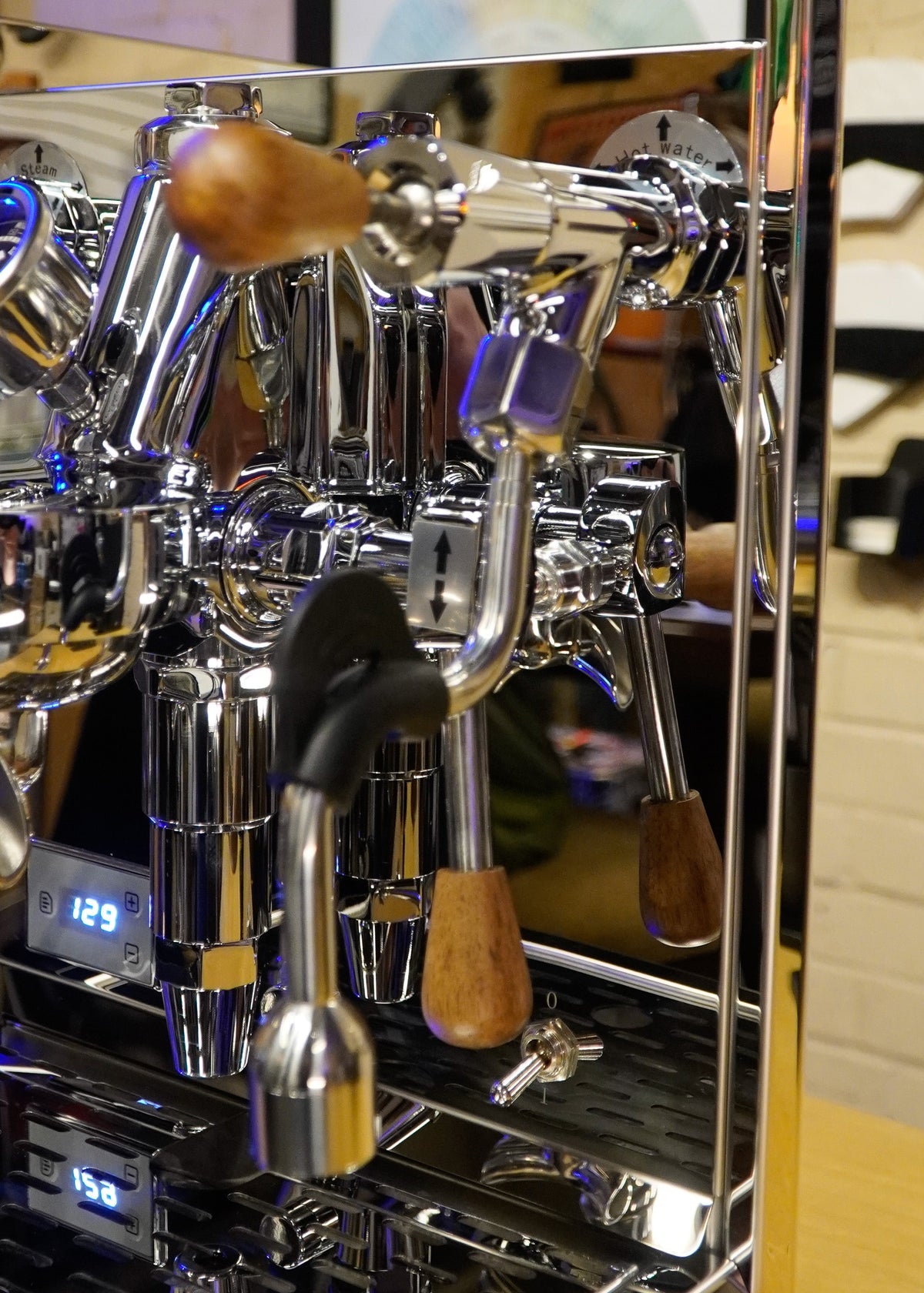 Turin Gallatin espresso machine with wood handles, detail view - equipment from Inheritance Coffee, Pensacola, FL serving cafes, churches and home brewers