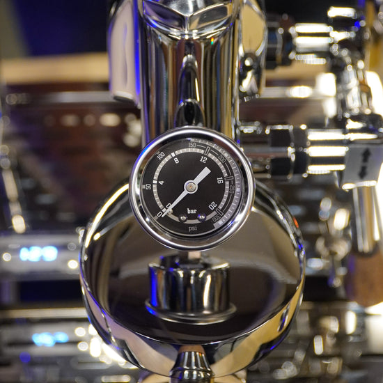 Turin Gallatin V pressure gauge and group head, close view, from Inheritance Coffee in Pensacola, FL for home brewers and cafes
