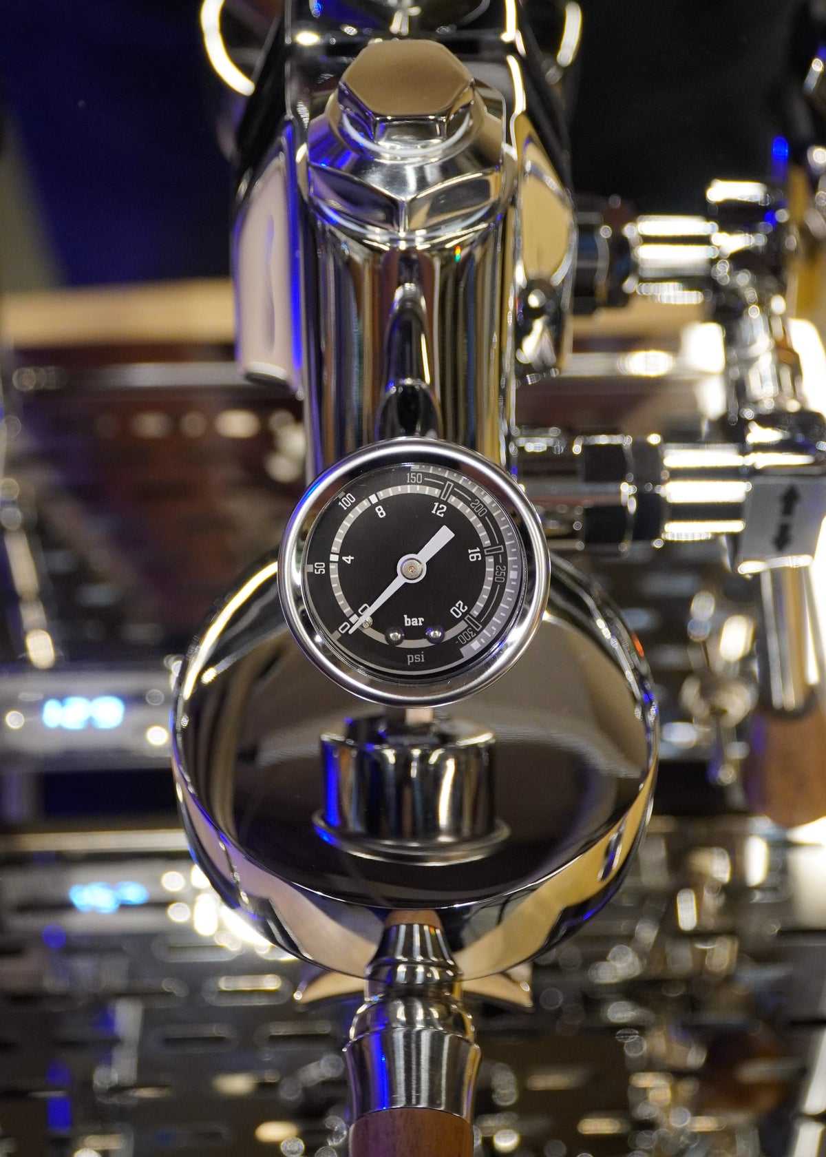 Turin Gallatin V pressure gauge and group head, close view, from Inheritance Coffee in Pensacola, FL for home brewers and cafes