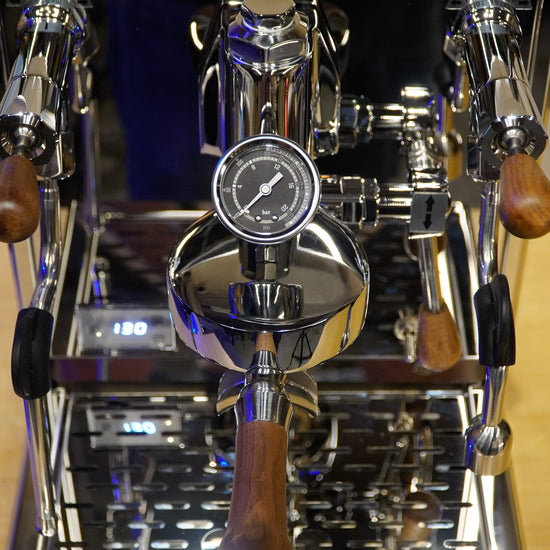 Turin Gallatin espresso machine with wood handles, detail view - equipment from Inheritance Coffee, Pensacola, FL serving cafes, churches and home brewers