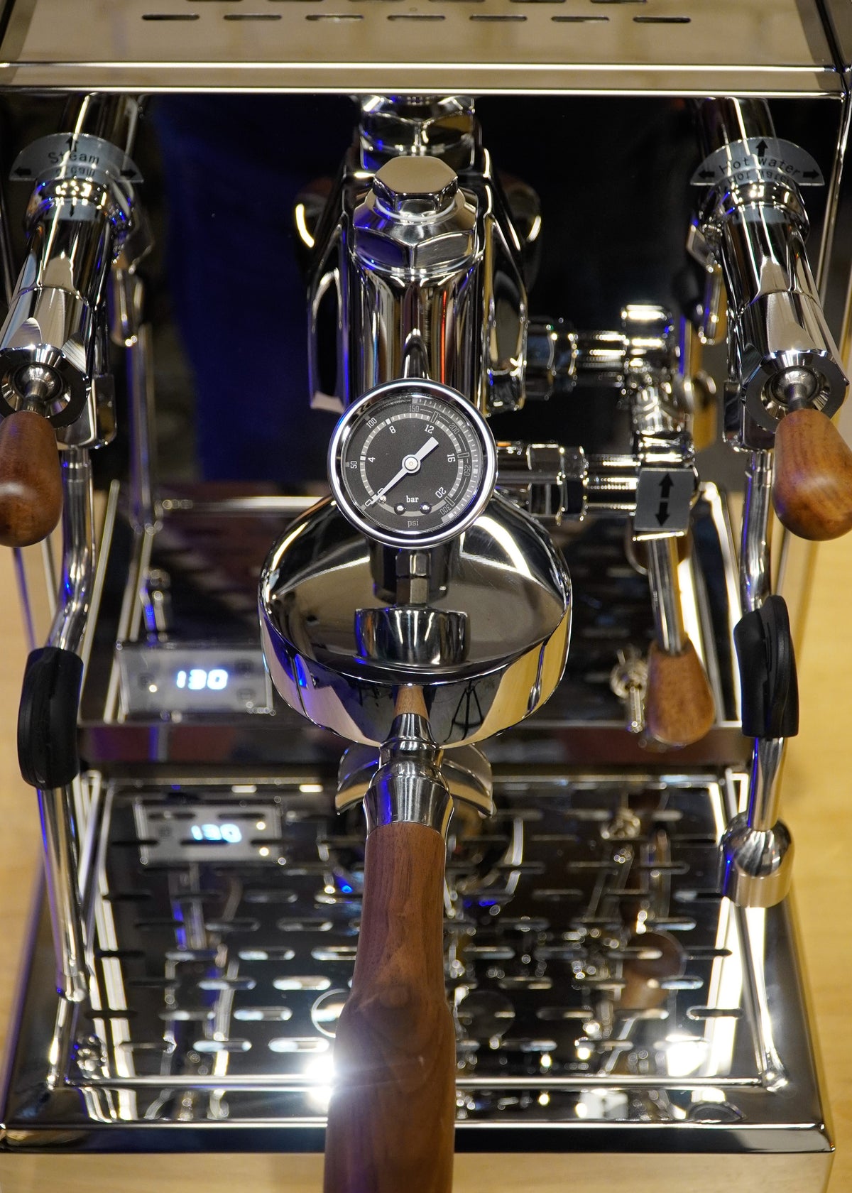 Turin Gallatin espresso machine with wood handles, detail view - equipment from Inheritance Coffee, Pensacola, FL serving cafes, churches and home brewers