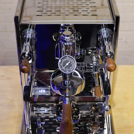 Turin Gallatin V stainless machine, front with pressure gauges, for home baristas and cafes from Inheritance Coffee in Pensacola, FL