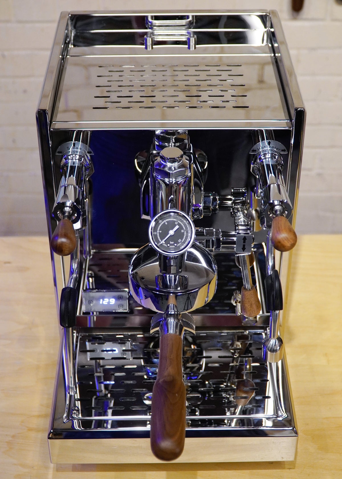 Turin Gallatin V stainless machine, front with pressure gauges, for home baristas and cafes from Inheritance Coffee in Pensacola, FL