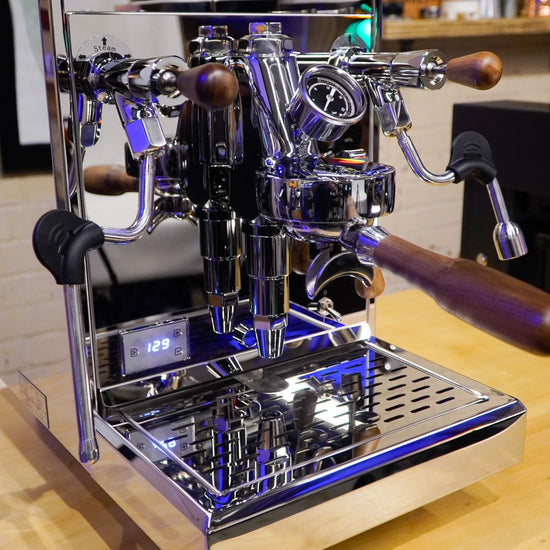 Turin Gallatin espresso machine with wood handles, detail view - equipment from Inheritance Coffee, Pensacola, FL serving cafes, churches and home brewers