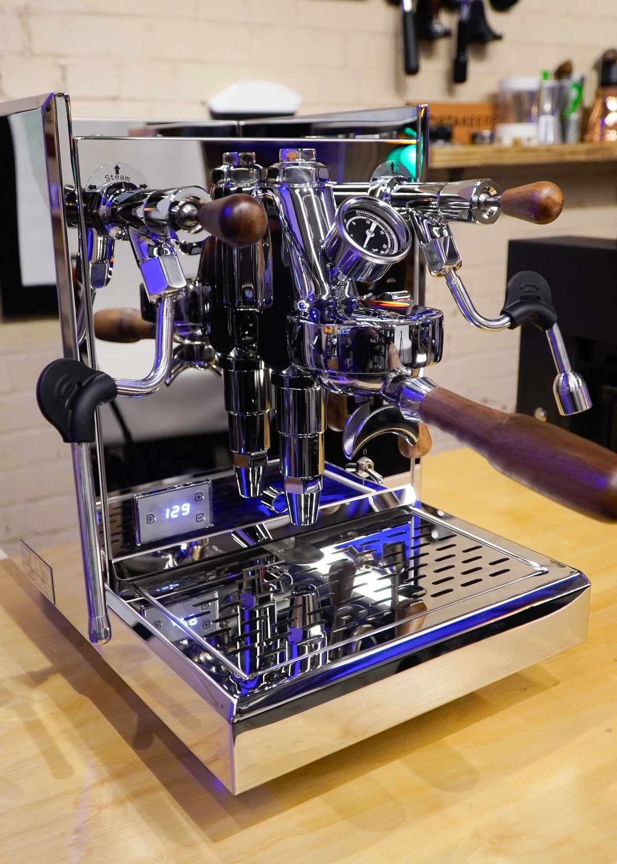 Turin Gallatin espresso machine with wood handles, detail view - equipment from Inheritance Coffee, Pensacola, FL serving cafes, churches and home brewers