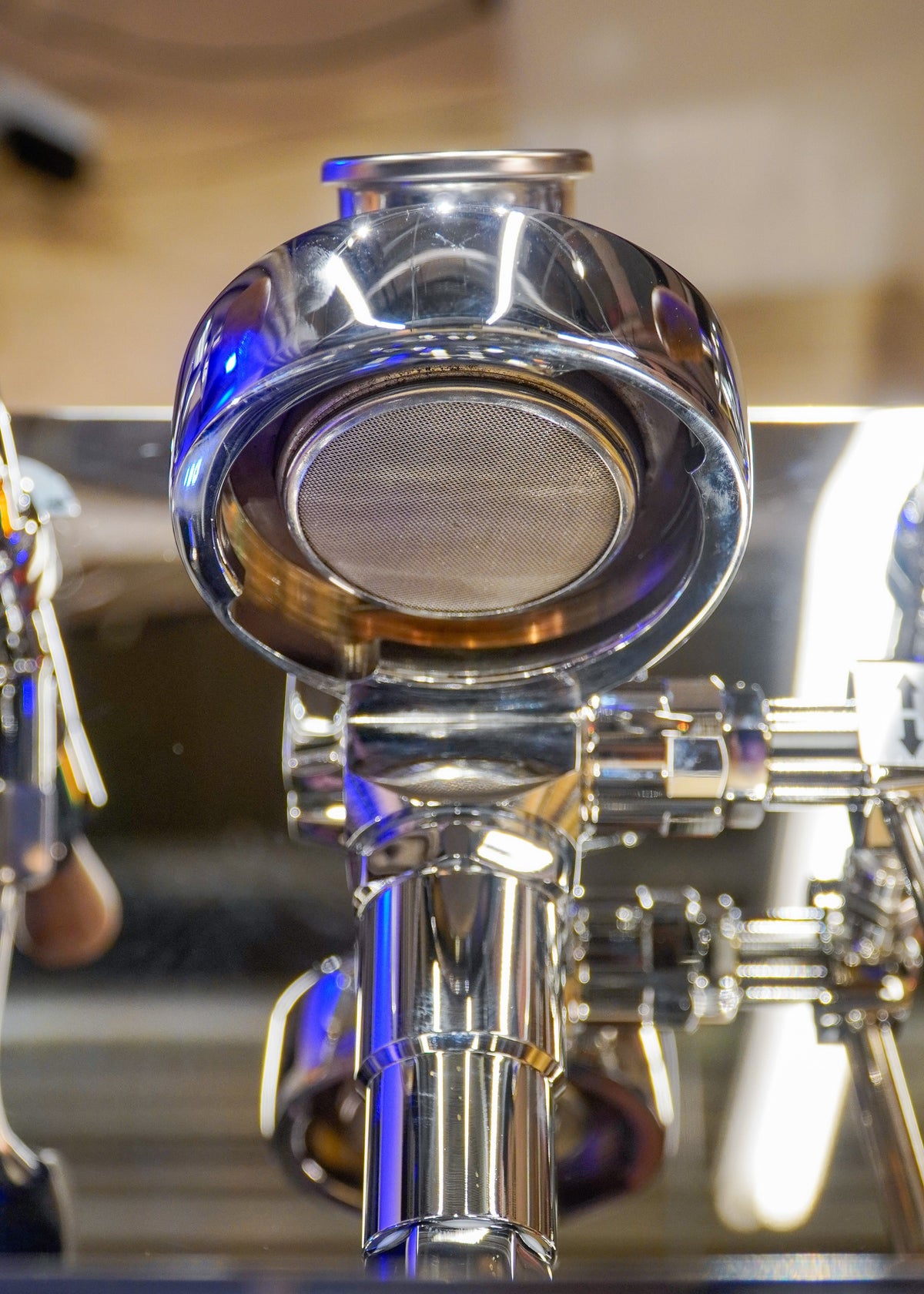 Turin Gallatin V portafilter locked into the group head, from Inheritance Coffee in Pensacola, FL for home brewers and cafes