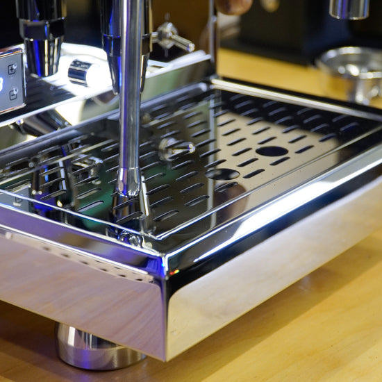 Turin Gallatin V drip tray and portafilter, close view, for home baristas and cafes from Inheritance Coffee in Pensacola, FL