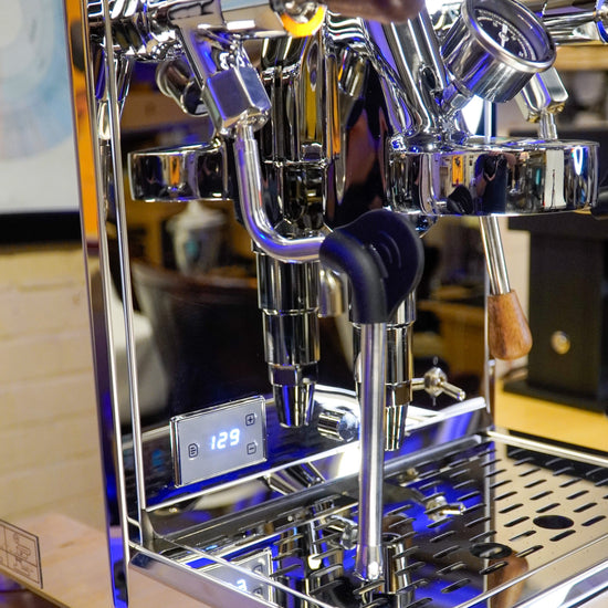 Turin Gallatin V stainless espresso machine, front view, for home baristas and cafes from Inheritance Coffee in Pensacola, FL