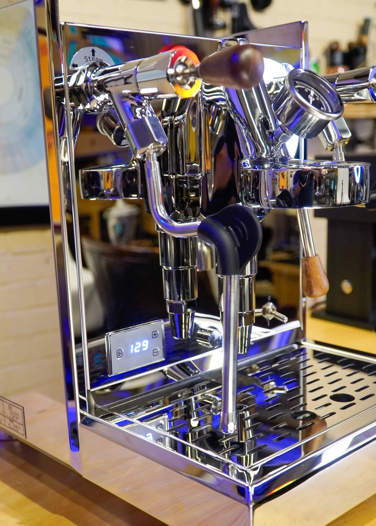 Turin Gallatin V stainless espresso machine, front view, for home baristas and cafes from Inheritance Coffee in Pensacola, FL
