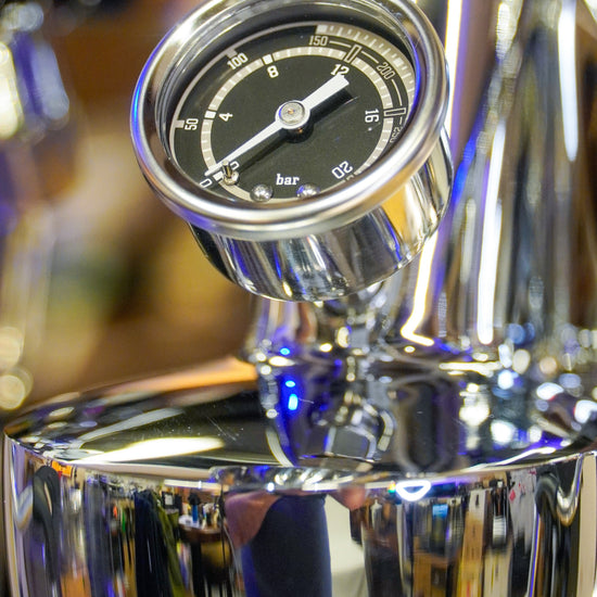 Turin Gallatin V brew pressure gauge, close view, for home baristas and cafes from Inheritance Coffee in Pensacola, FL