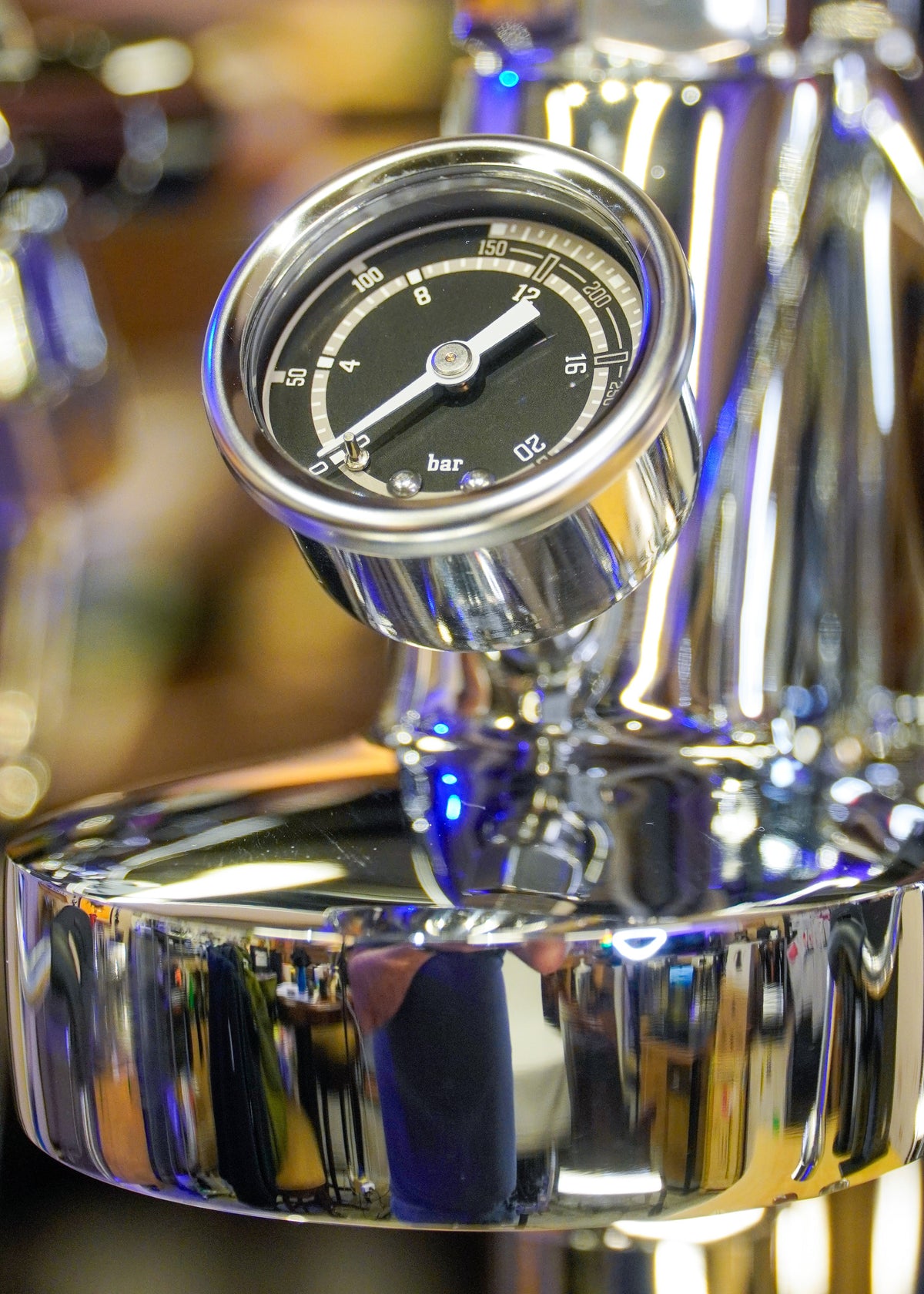 Turin Gallatin V brew pressure gauge, close view, for home baristas and cafes from Inheritance Coffee in Pensacola, FL