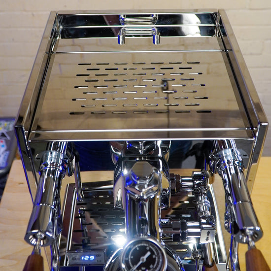 Turin Gallatin espresso machine with wood handles, detail view - equipment from Inheritance Coffee, Pensacola, FL serving cafes, churches and home brewers