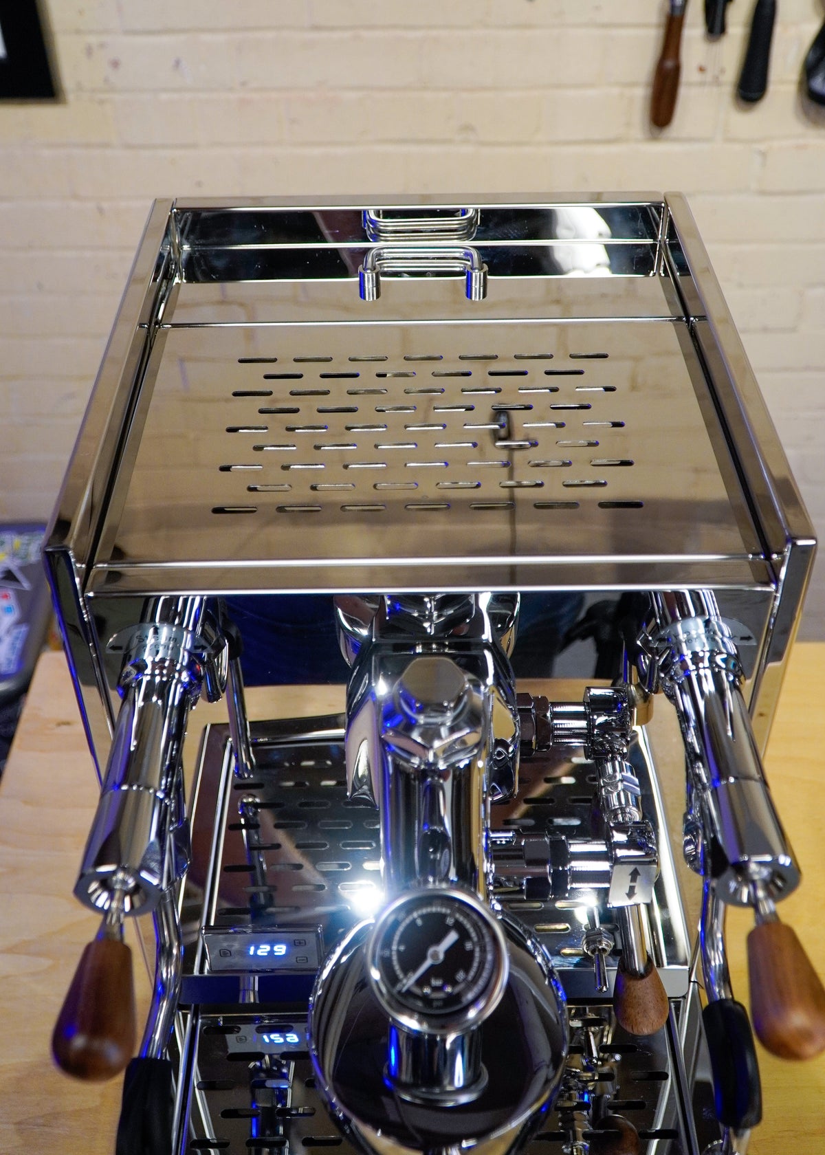 Turin Gallatin espresso machine with wood handles, detail view - equipment from Inheritance Coffee, Pensacola, FL serving cafes, churches and home brewers