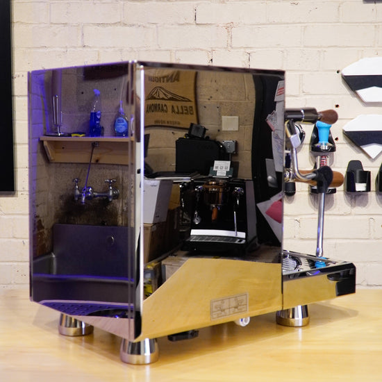 Turin Gallatin espresso machine, side view on a bar - equipment from Inheritance Coffee, Pensacola, FL serving cafes, churches and home brewers