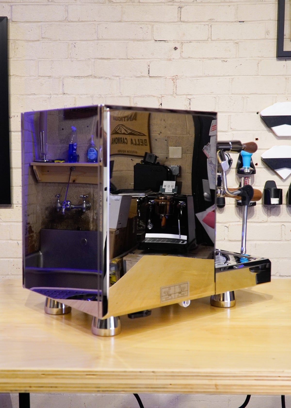 Turin Gallatin espresso machine, side view on a bar - equipment from Inheritance Coffee, Pensacola, FL serving cafes, churches and home brewers