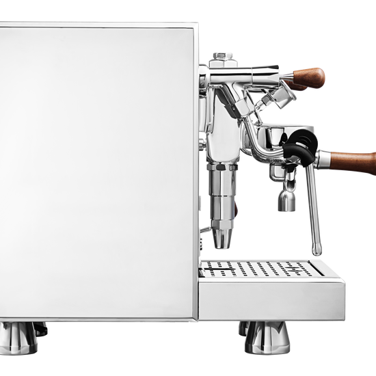 Turin Gallatin espresso machine in stainless, side view - equipment from Inheritance Coffee, Pensacola, FL serving cafes, churches and home brewers