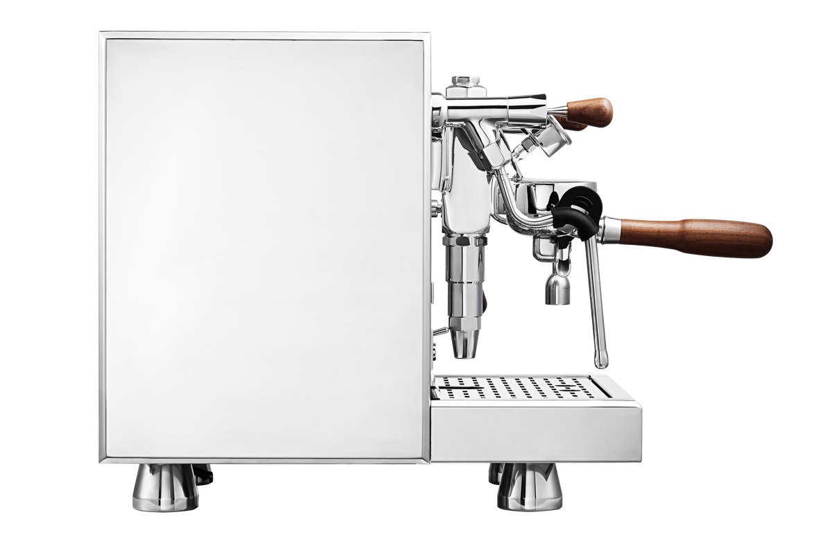 Turin Gallatin espresso machine in stainless, side view - equipment from Inheritance Coffee, Pensacola, FL serving cafes, churches and home brewers