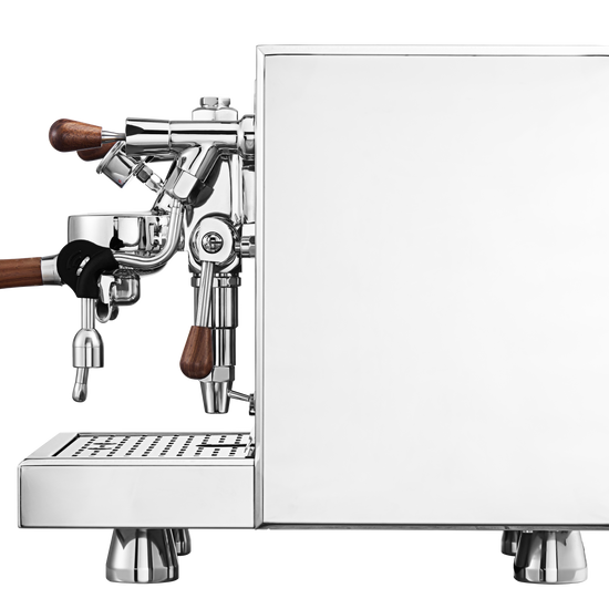 Turin Gallatin espresso machine in stainless, side view - equipment from Inheritance Coffee, Pensacola, FL serving cafes, churches and home brewers