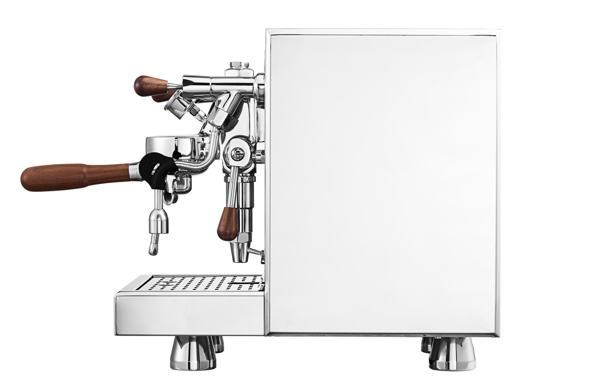 Turin Gallatin espresso machine in stainless, side view - equipment from Inheritance Coffee, Pensacola, FL serving cafes, churches and home brewers