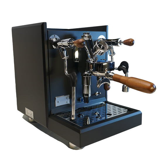 Turin Gallatin V black espresso machine, angled view, for home baristas and cafes from Inheritance Coffee in Pensacola, FL