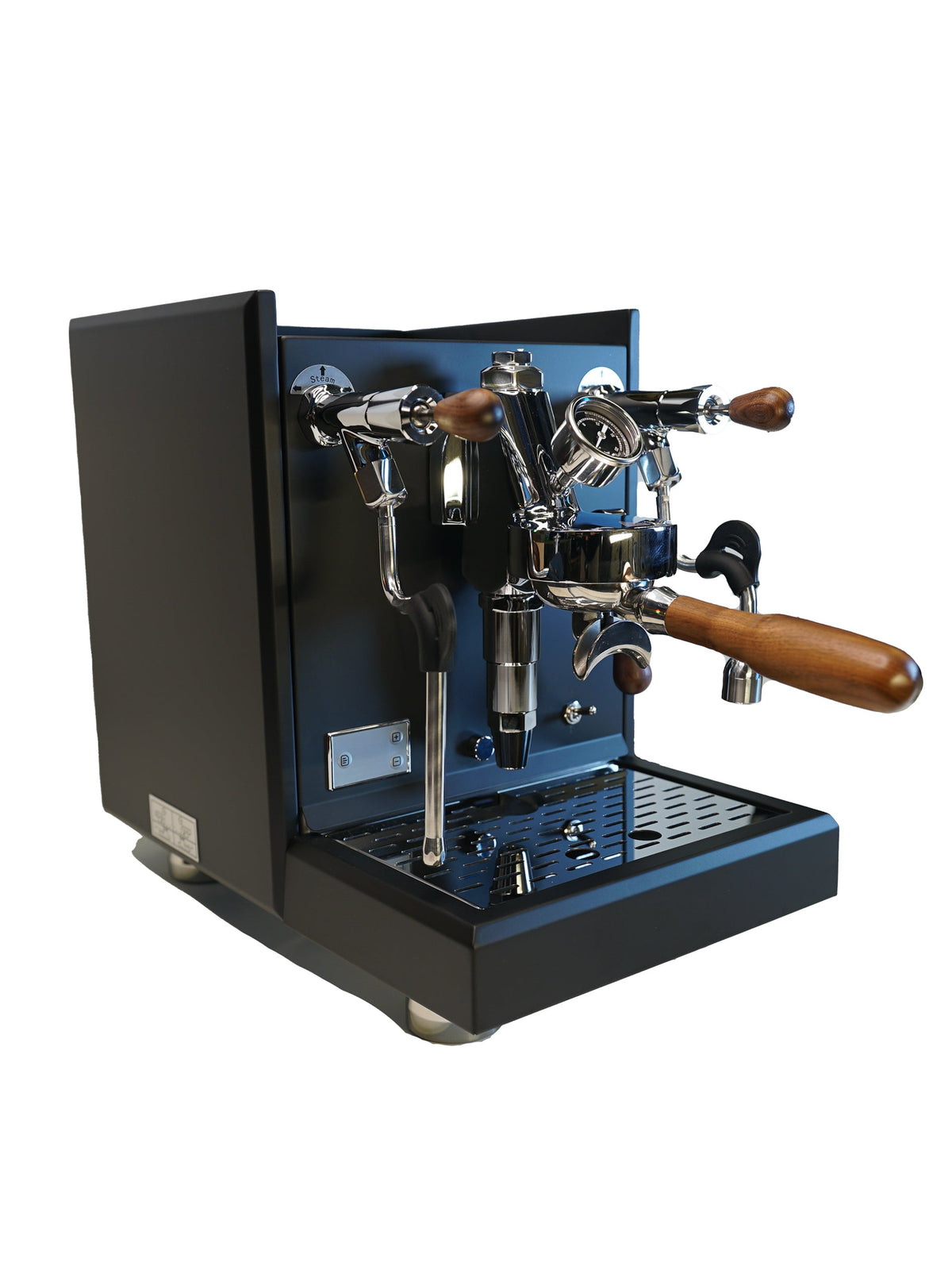 Turin Gallatin V black espresso machine, angled view, for home baristas and cafes from Inheritance Coffee in Pensacola, FL