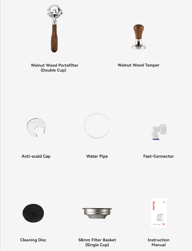 Turin Gallatin included accessories chart - equipment from Inheritance Coffee, Pensacola, FL serving cafes, churches and home brewers