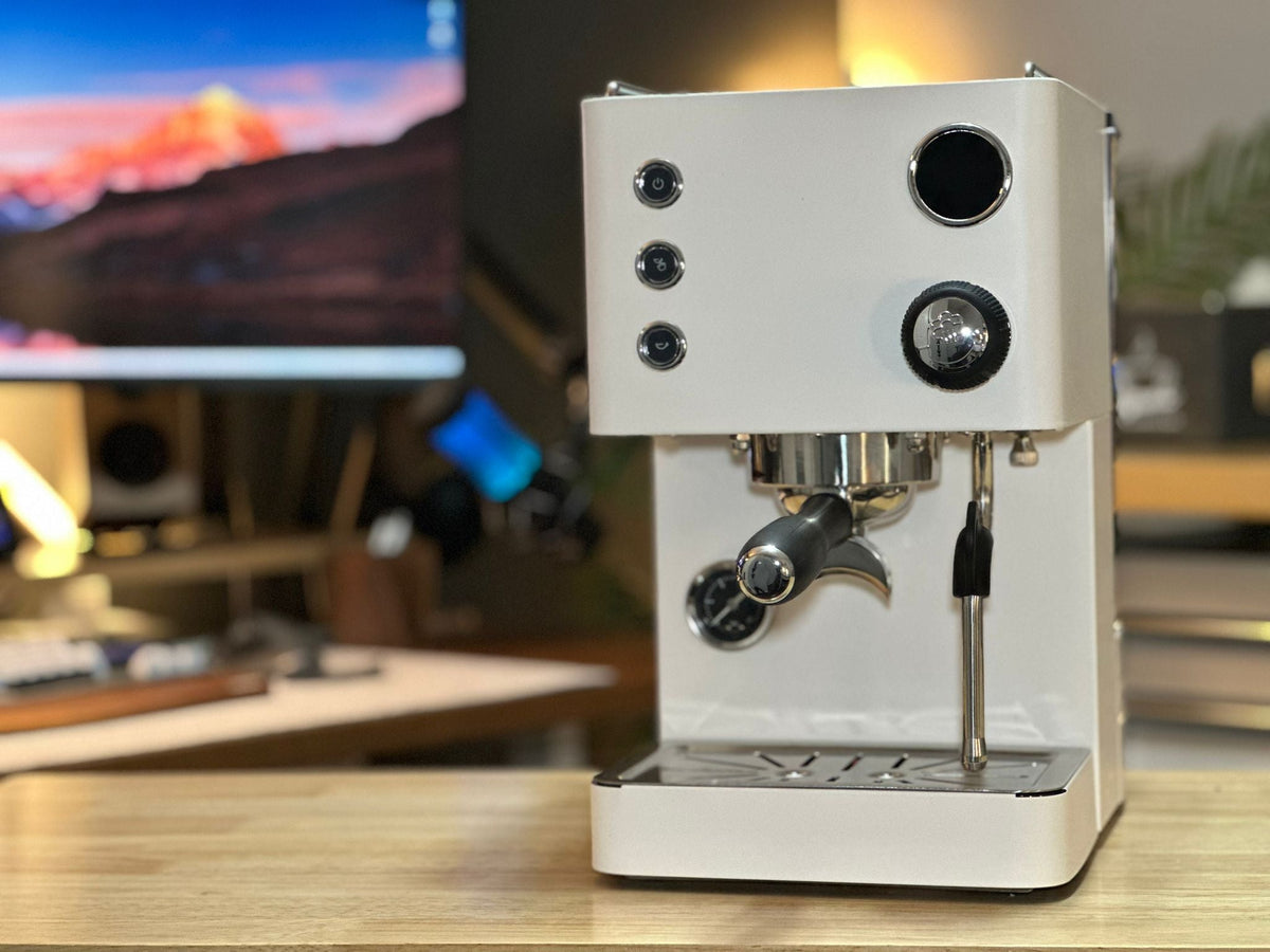 Turin Legato V2 espresso machine in cream white - equipment from Inheritance Coffee, Pensacola, FL serving cafes, churches and home brewers