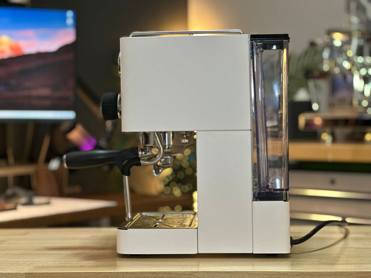 Turin Legato V2 cream espresso machine, side view with water tank - equipment from Inheritance Coffee, Pensacola, FL serving cafes, churches and home brewers