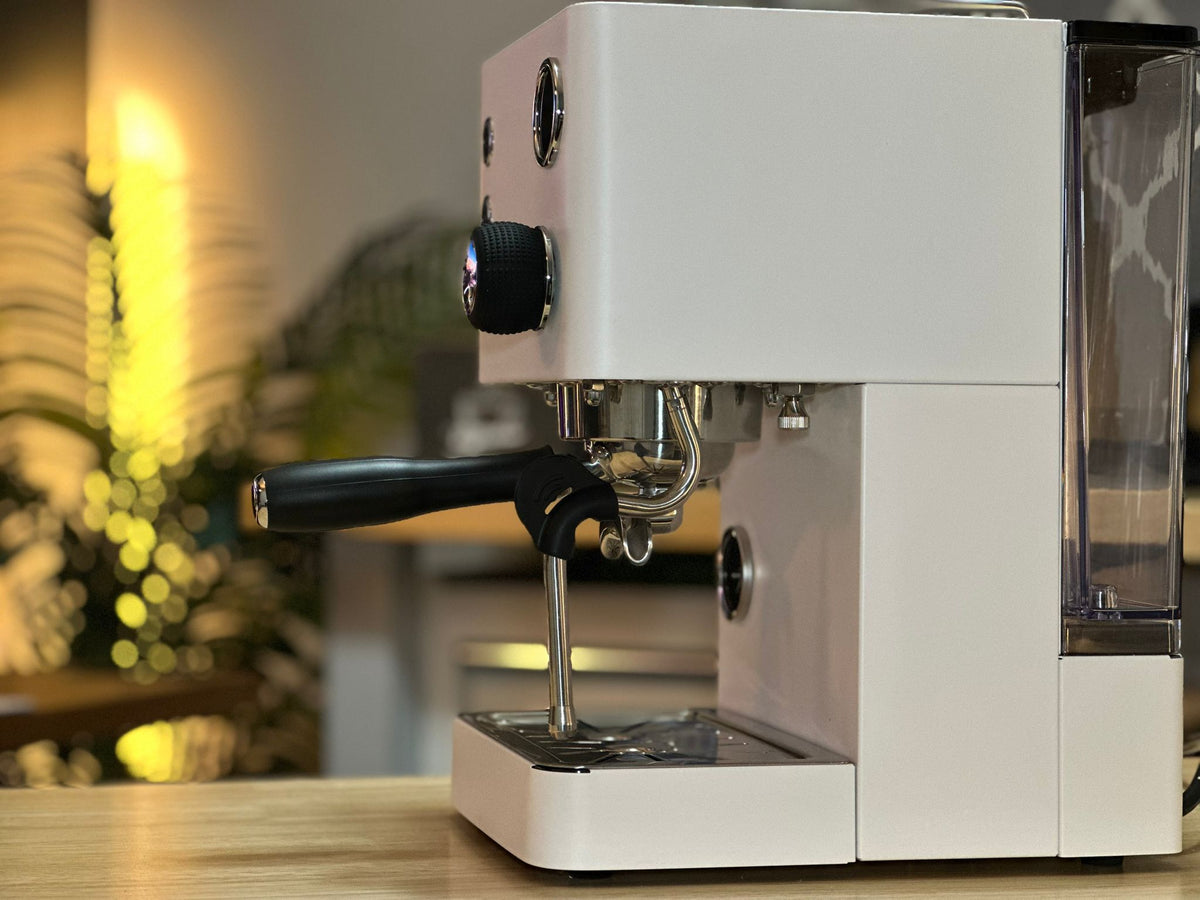 Turin Legato V2 cream espresso machine, side view - equipment from Inheritance Coffee, Pensacola, FL serving cafes, churches and home brewers