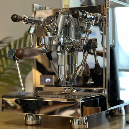 Turin Gallatin espresso machine with wood handles, detail view - equipment from Inheritance Coffee, Pensacola, FL serving cafes, churches and home brewers