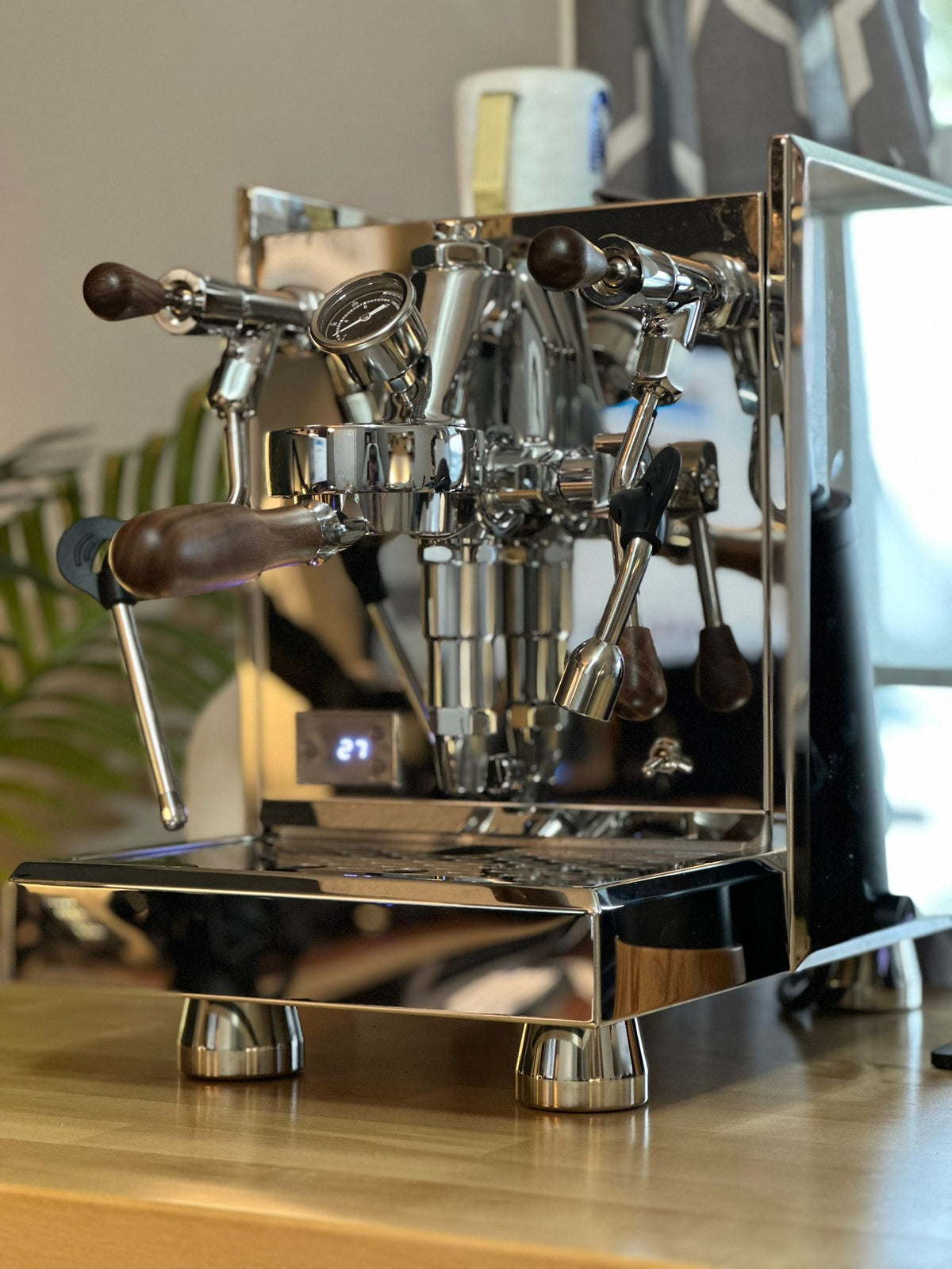 Turin Gallatin espresso machine with wood handles, detail view - equipment from Inheritance Coffee, Pensacola, FL serving cafes, churches and home brewers