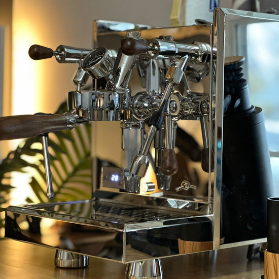 Turin Gallatin espresso machine with wood handles, detail view - equipment from Inheritance Coffee, Pensacola, FL serving cafes, churches and home brewers