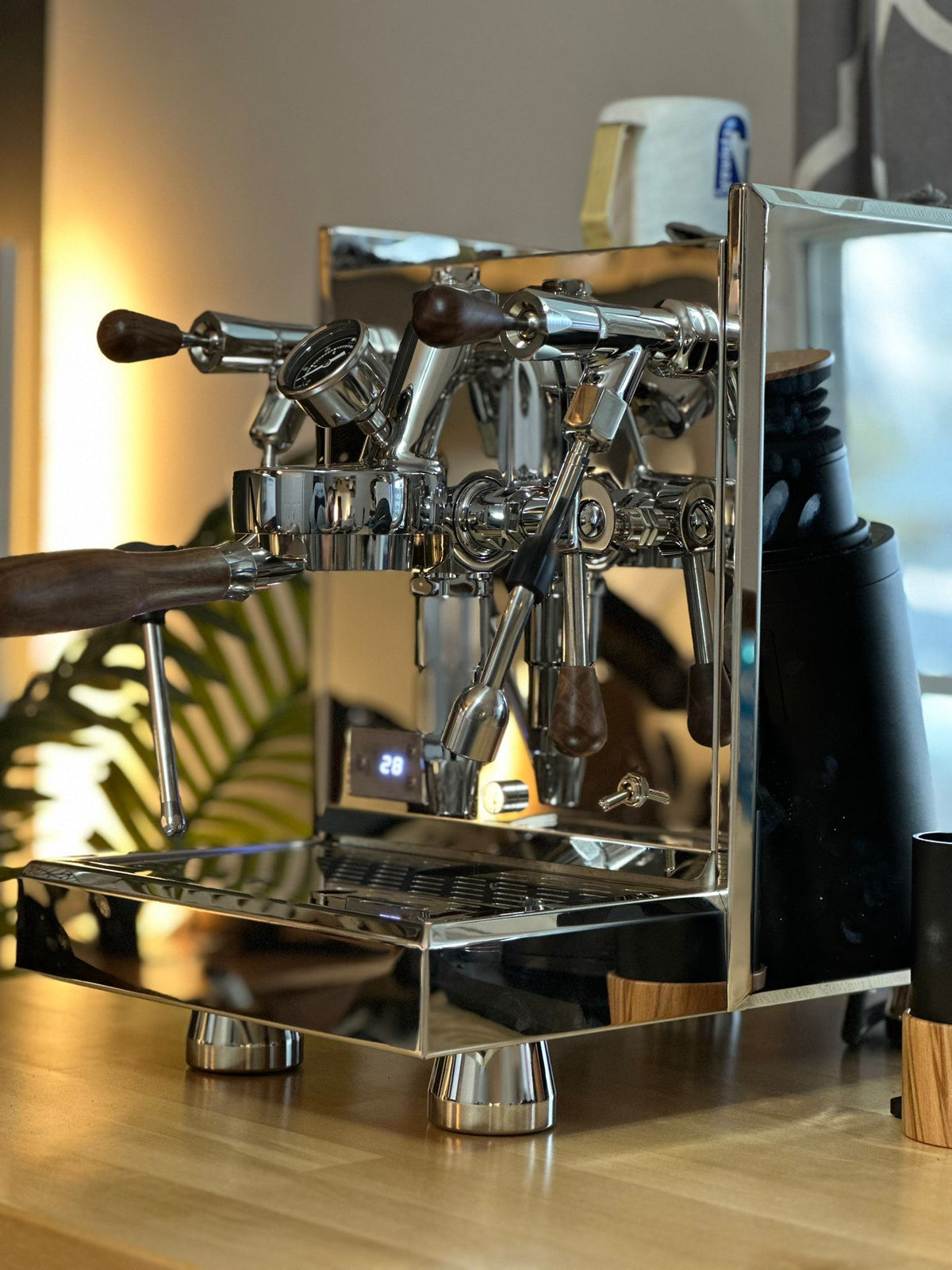 Turin Gallatin espresso machine with wood handles, detail view - equipment from Inheritance Coffee, Pensacola, FL serving cafes, churches and home brewers