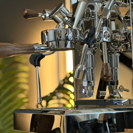 Turin Gallatin espresso machine with wood handles, detail view - equipment from Inheritance Coffee, Pensacola, FL serving cafes, churches and home brewers