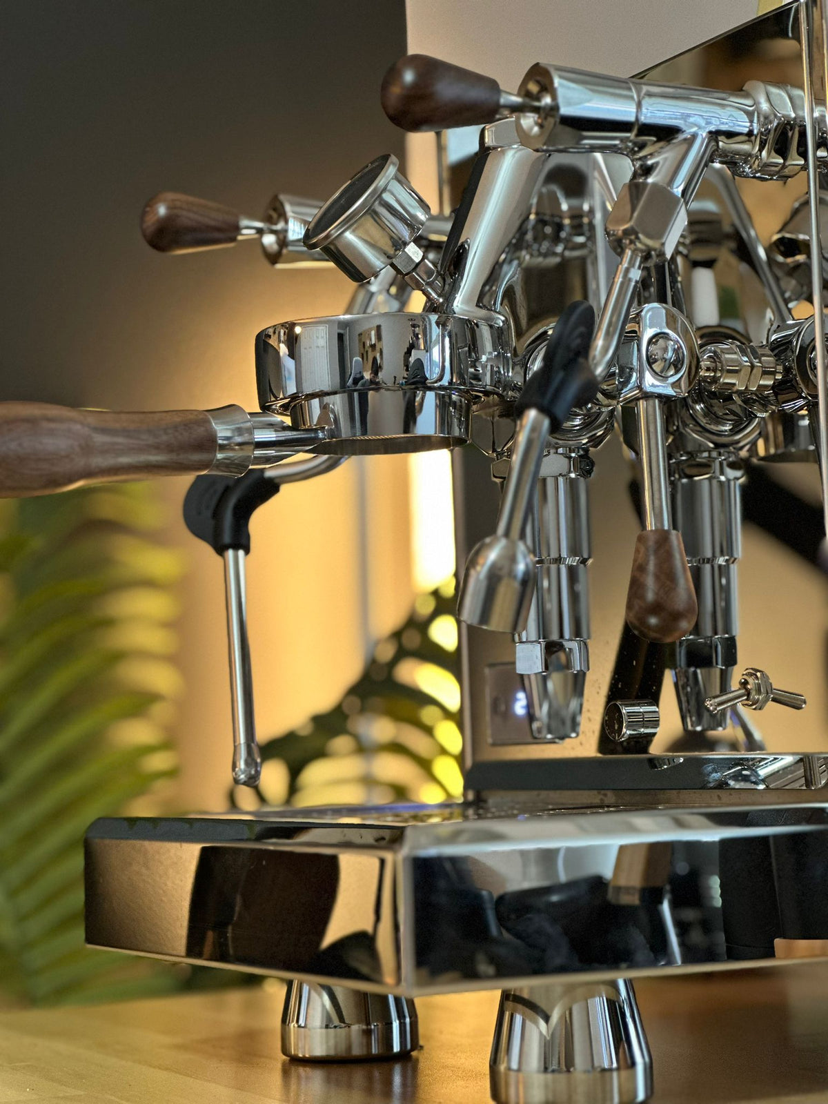 Turin Gallatin espresso machine with wood handles, detail view - equipment from Inheritance Coffee, Pensacola, FL serving cafes, churches and home brewers