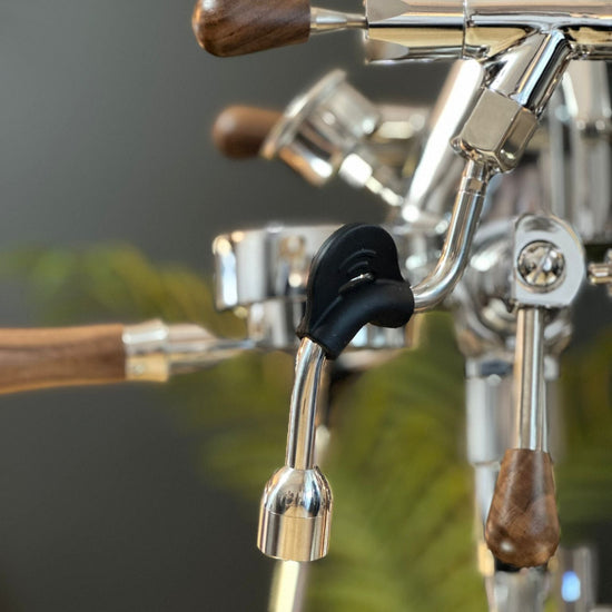 Turin Gallatin espresso machine with wood handles, detail view - equipment from Inheritance Coffee, Pensacola, FL serving cafes, churches and home brewers