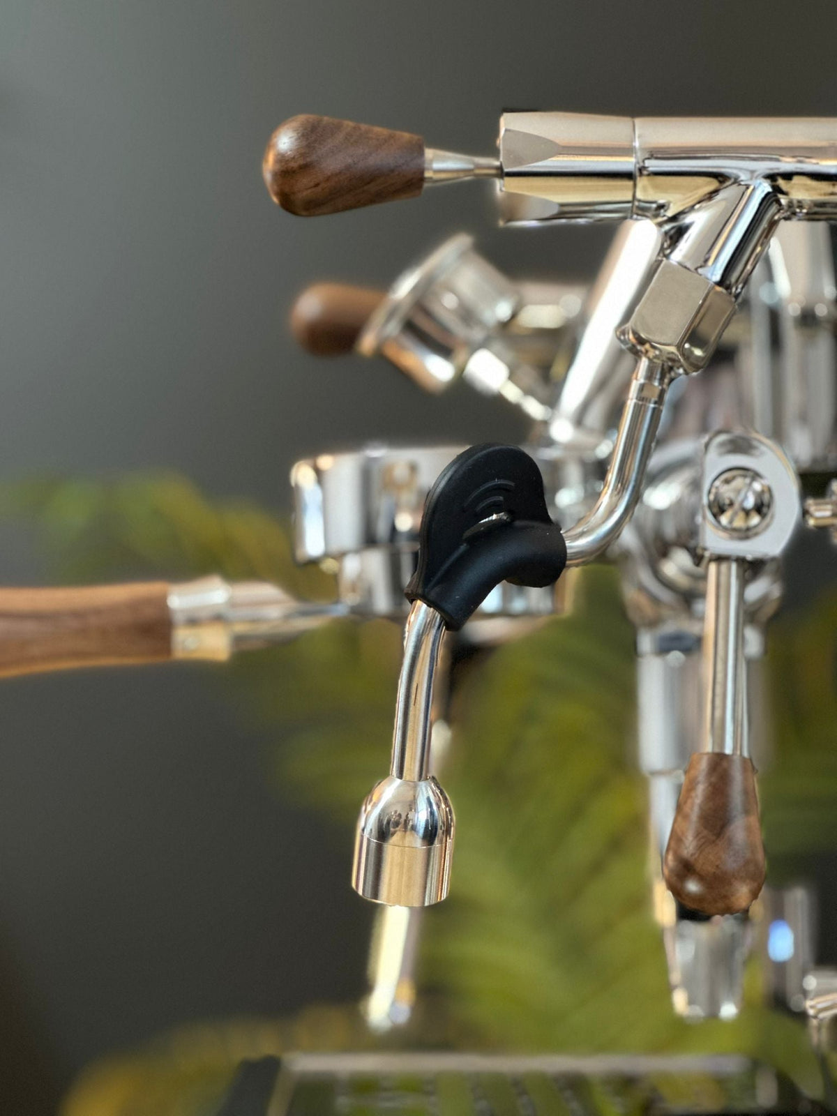 Turin Gallatin espresso machine with wood handles, detail view - equipment from Inheritance Coffee, Pensacola, FL serving cafes, churches and home brewers