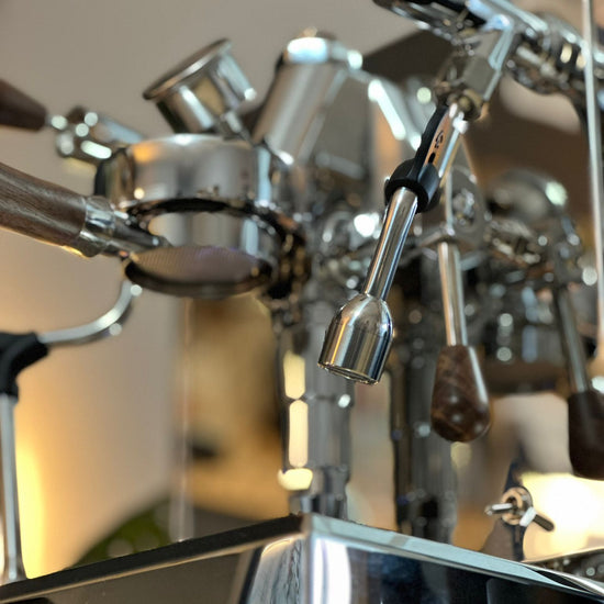 Turin Gallatin espresso machine with wood handles, detail view - equipment from Inheritance Coffee, Pensacola, FL serving cafes, churches and home brewers