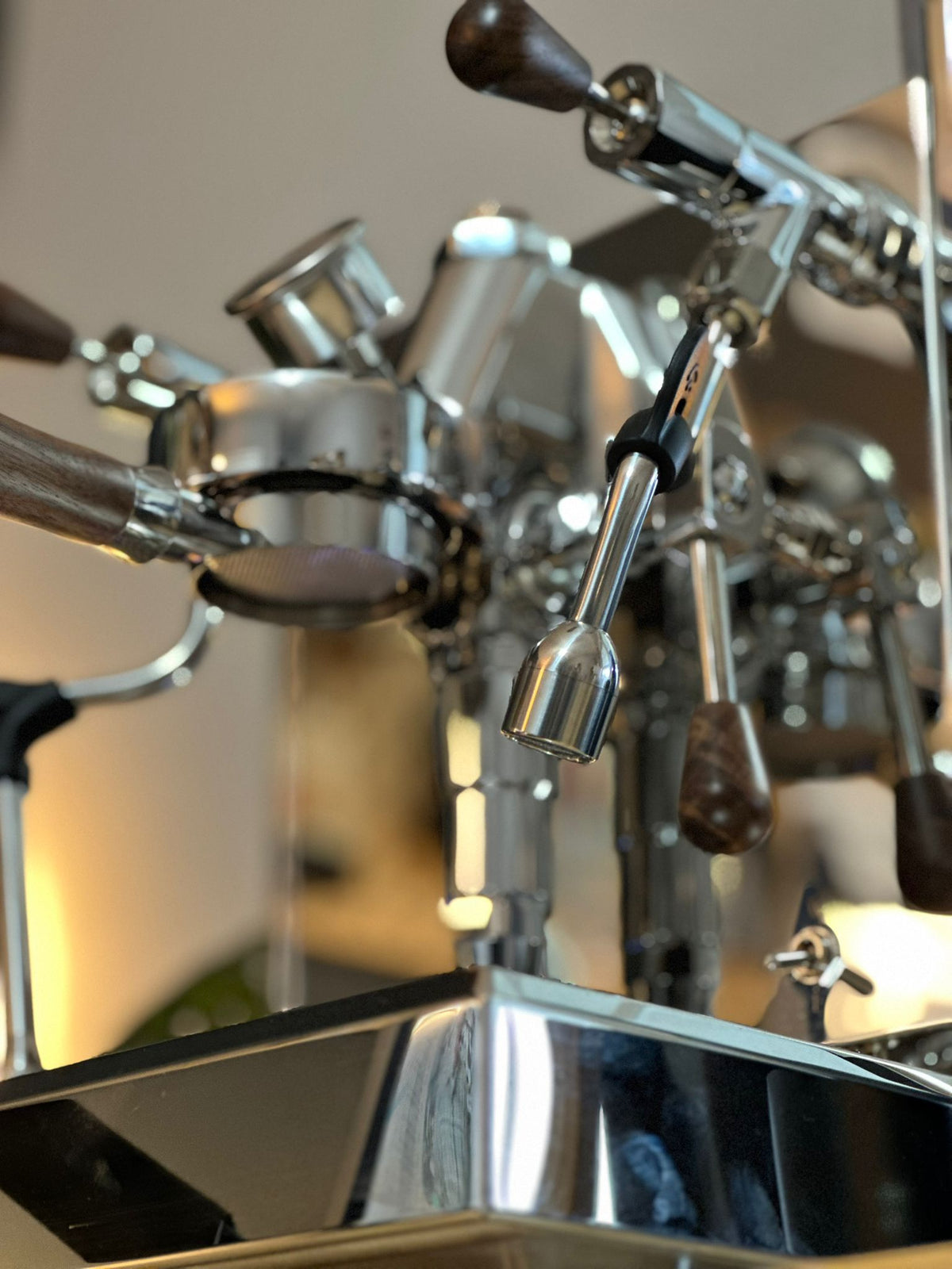 Turin Gallatin espresso machine with wood handles, detail view - equipment from Inheritance Coffee, Pensacola, FL serving cafes, churches and home brewers
