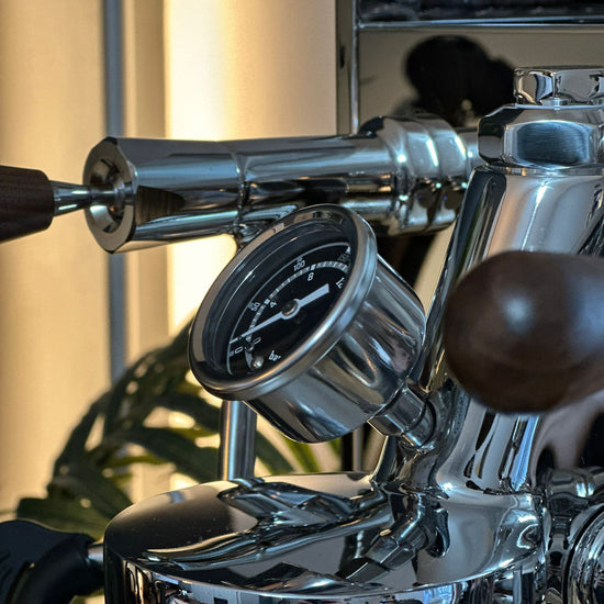 Turin Gallatin espresso machine with wood handles, detail view - equipment from Inheritance Coffee, Pensacola, FL serving cafes, churches and home brewers