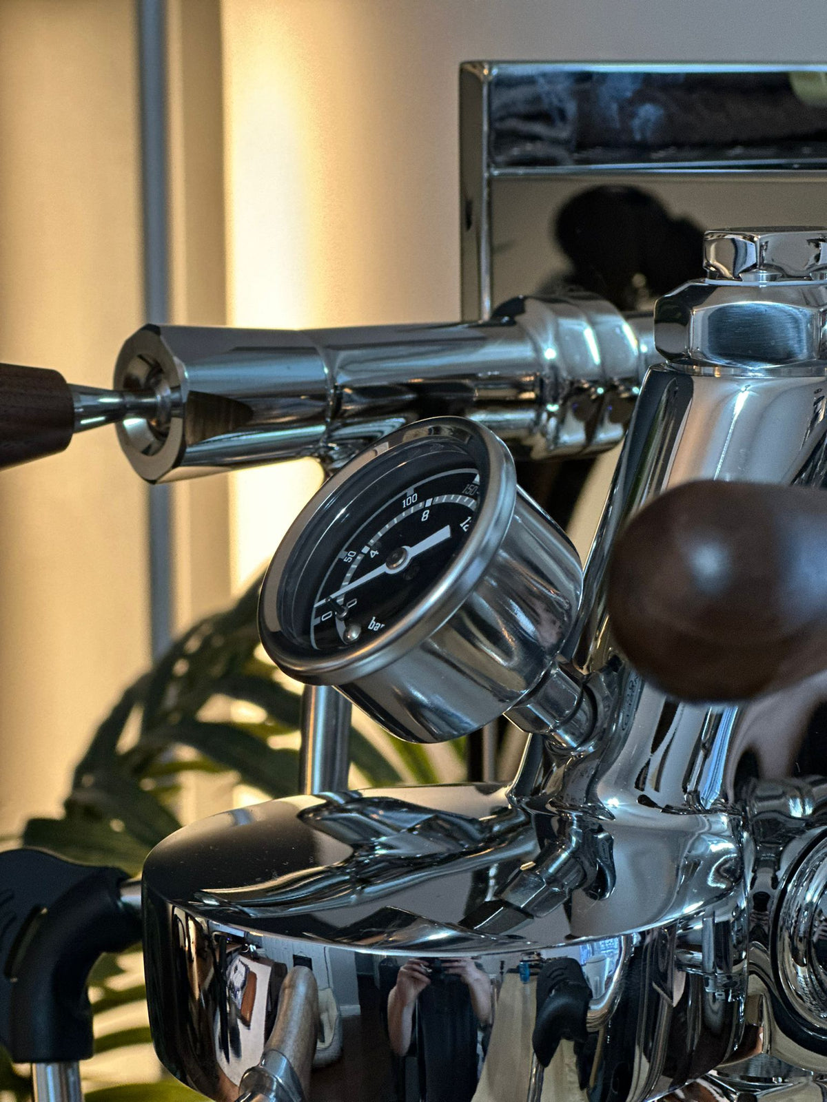 Turin Gallatin espresso machine with wood handles, detail view - equipment from Inheritance Coffee, Pensacola, FL serving cafes, churches and home brewers