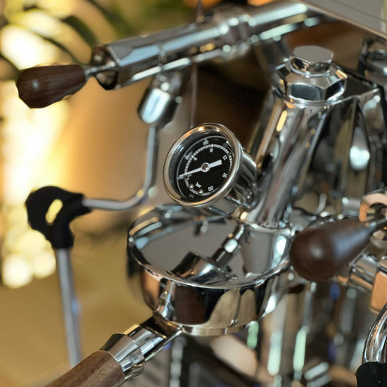 Turin Gallatin espresso machine with wood handles, detail view - equipment from Inheritance Coffee, Pensacola, FL serving cafes, churches and home brewers