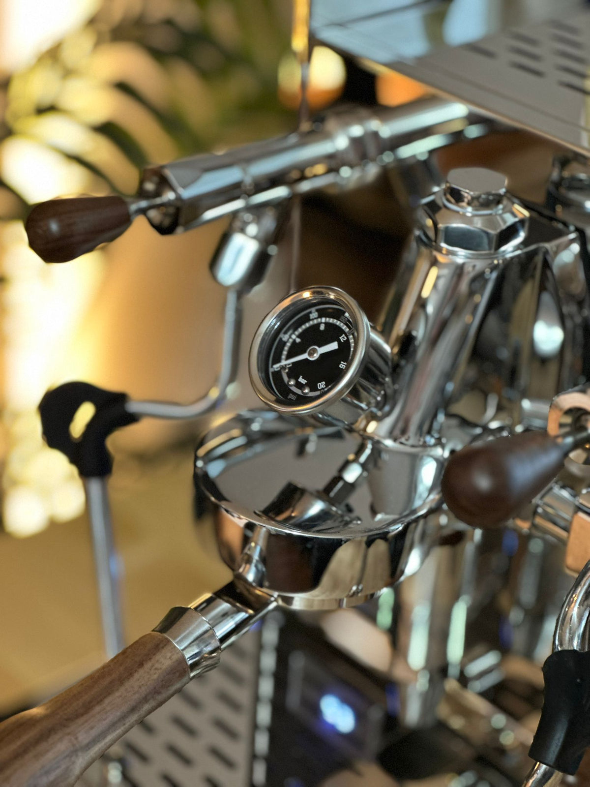 Turin Gallatin espresso machine with wood handles, detail view - equipment from Inheritance Coffee, Pensacola, FL serving cafes, churches and home brewers