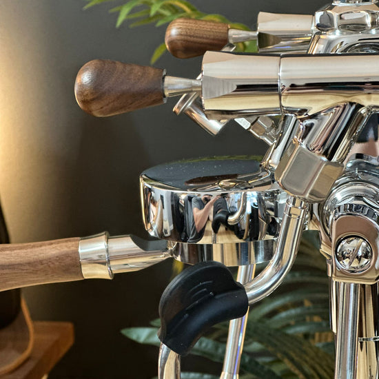 Turin Gallatin espresso machine with wood handles, detail view - equipment from Inheritance Coffee, Pensacola, FL serving cafes, churches and home brewers