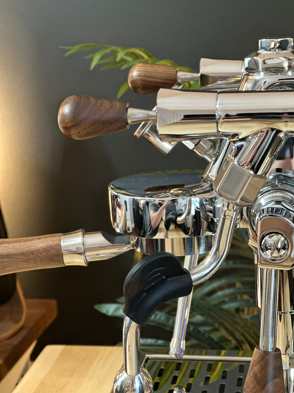 Turin Gallatin espresso machine with wood handles, detail view - equipment from Inheritance Coffee, Pensacola, FL serving cafes, churches and home brewers