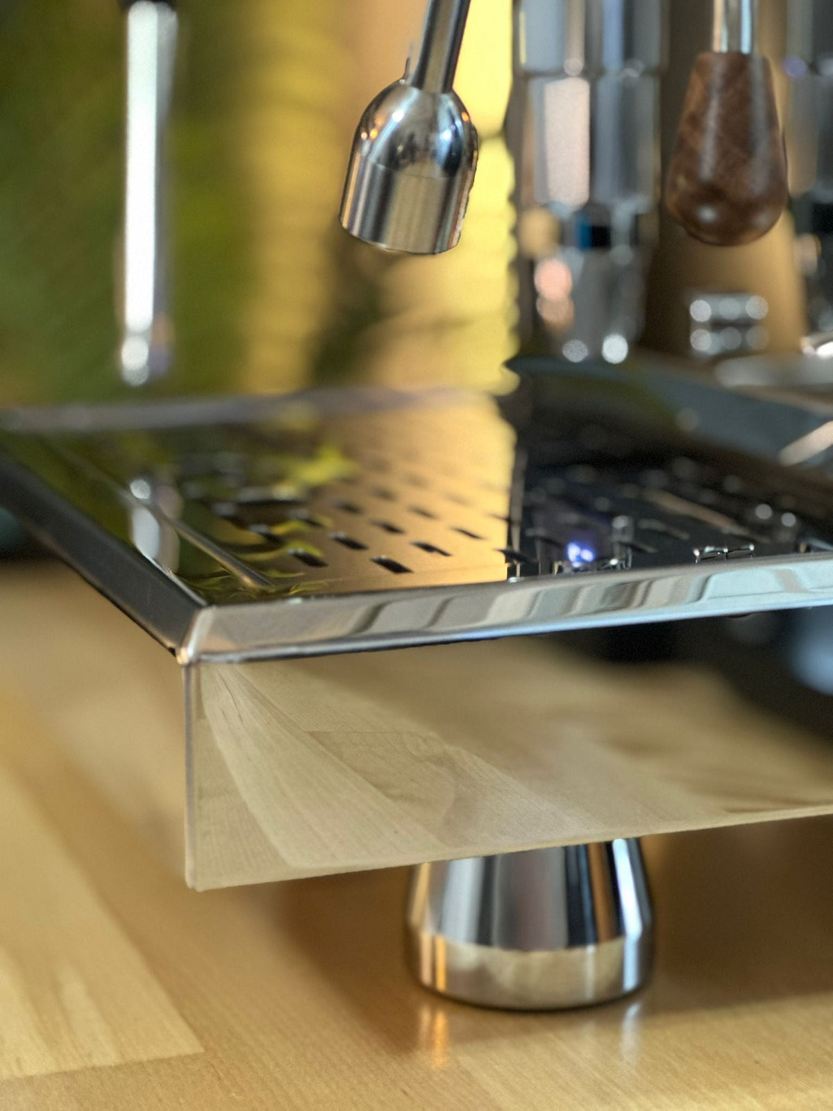 Turin Gallatin espresso machine with wood handles, detail view - equipment from Inheritance Coffee, Pensacola, FL serving cafes, churches and home brewers