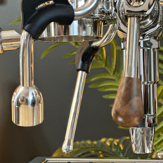Turin Gallatin espresso machine with wood handles, detail view - equipment from Inheritance Coffee, Pensacola, FL serving cafes, churches and home brewers