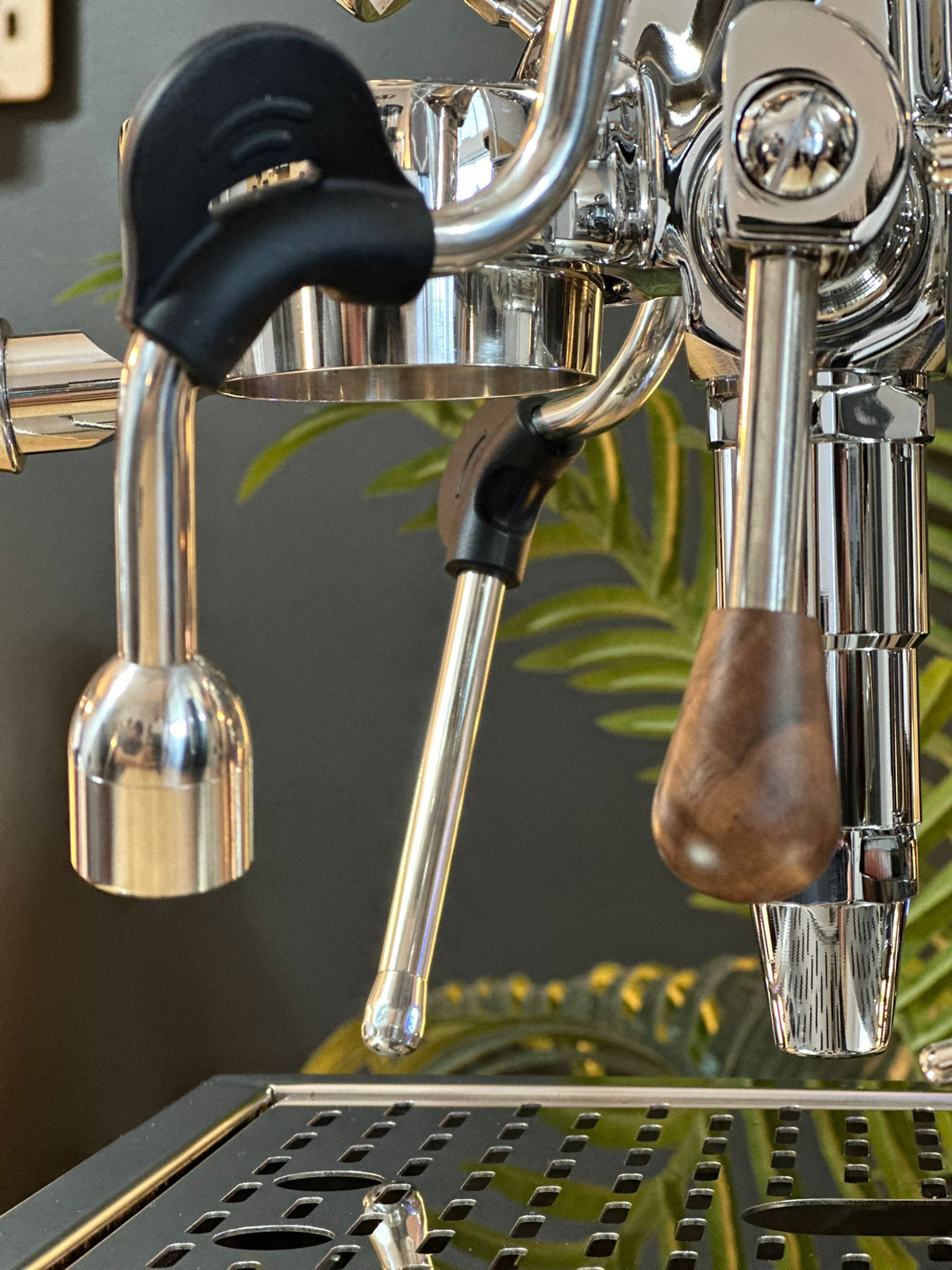 Turin Gallatin espresso machine with wood handles, detail view - equipment from Inheritance Coffee, Pensacola, FL serving cafes, churches and home brewers