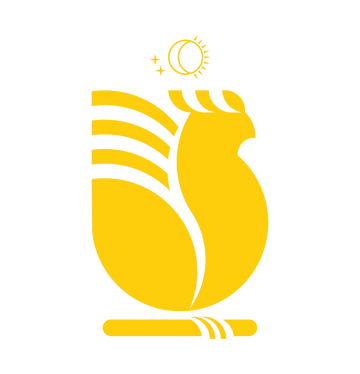 Yellow silhouette of a rooster with a sun above on a white background